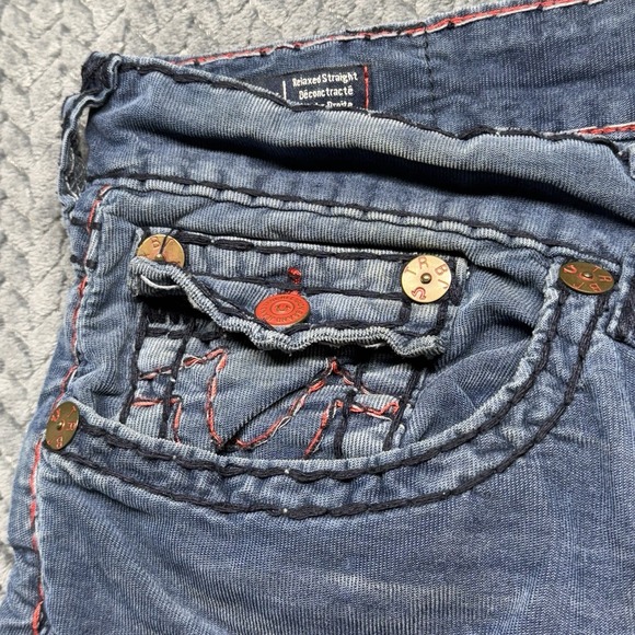 True Religion Ricky Super T Men 40x31.5 Corduroy Micro Indigo Red Stitching Flap - Picture 6 of 14